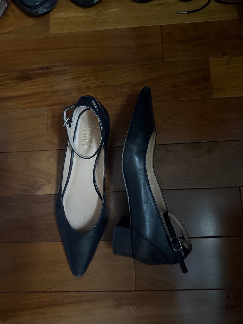 Franco Sarto Black Pointed-Toe Ankle-Strap Block Heel Pumps